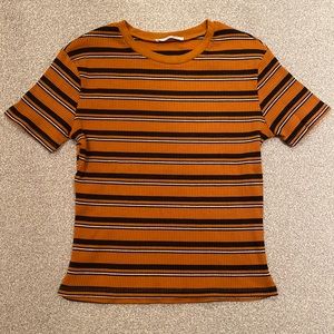 NWOT medium Zara ribbed and striped ochre/deep yellowish orange/white/black tee